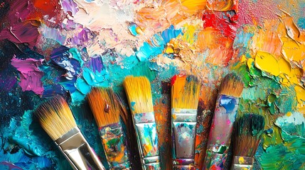 A close-up showcases a painters palette overflowing with brightly colored, wet paints.