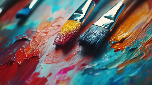 A close-up shows a painters palette overflowing with brightly colored paints.