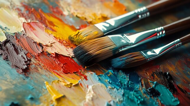 A vibrant artists palette overflowing with colorful paints is prominently displayed in the close-up shot.