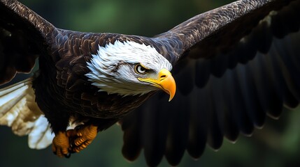 Fototapeta premium An eagle is soaring through the sky with its wings fully extended.