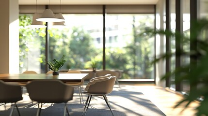 Fototapeta premium A blurry photo of an empty, modern office. The interior features chairs, a table, and large windows with bright, bokeh-style light. Ideal for design backgrounds. 