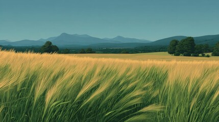 Obraz premium Landscape photograph of a field of tall, golden wheat. the field is surrounded by trees and hills, and in the background, there are mountains visible.
