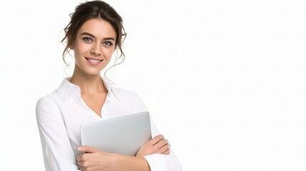 Confident Woman Holding Laptop with White Background Smiling