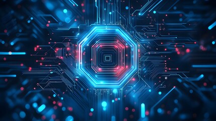 Obraz premium Futuristic Microchip on a High-Tech Blue Circuit Board, Representing Advanced Computing Technology and Digital Innovation in Modern Electronics.