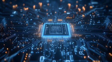 Futuristic Microchip on a High-Tech Blue Circuit Board, Representing Advanced Computing Technology and Digital Innovation in Modern Electronics.