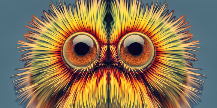 Portrait of an imaginary bird-like creature adorned with colorful feathers. Blue color plain background, extreme close-up.
