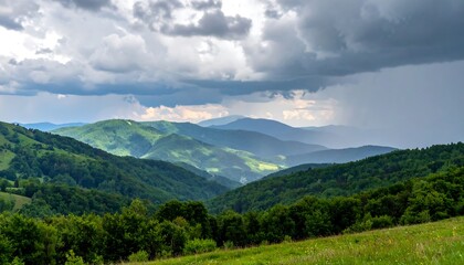 Green mountains under dramatic sky