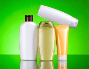 Group of assorted cosmetic bottles, various shapes, on a glossy green background