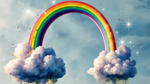 Vibrant colorful rainbow arching over cheerful fantasy clouds with sparkling stars and confetti falling in a bright sky. Beautiful dream and happy feeling animation footage.