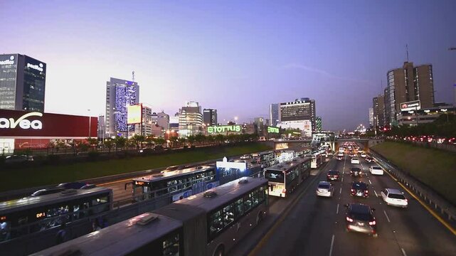 Peru Lima,via expresa,traffic at night on Javier Prado mainstreet of the San Isidro district