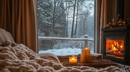 A warmly lit, cozy living room showcases a fireplace, soft blankets, and a comfortable atmosphere.