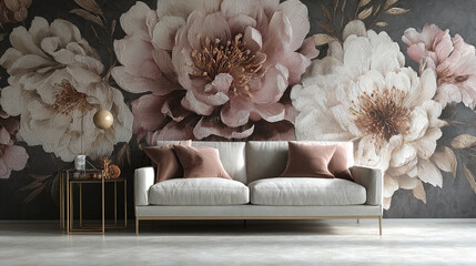 Large-scale floral wall mural featuring textured peonies in beige and brown hues, showcased in a living room setting with a white sofa, creating a luxurious and elegant ambiance