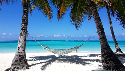 Hammock hangs between palms on white sand beach, turquoise water, and sunny blue sky