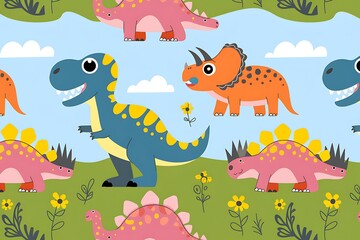 Obraz premium Delightful Cartoon Dinosaurs in a Vibrant Meadow Landscape