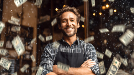 Fototapeta premium Triumph: Smiling worker surrounded by cash, apron-clad success in a rain of fortune, celebrating victory.