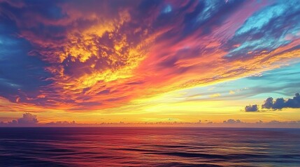 Fototapeta premium Vibrant sunset over ocean with colorful clouds and calm waters.