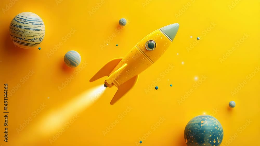 Poster a toy rocket soaring through space amidst planetary scenery