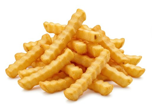 Pile of golden crinkle cut french fries isolated on a white background