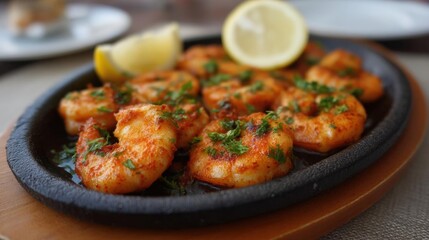 Plate of cooked shrimp on a wooden table. the shrimp are orange in color and appear to be seasoned with herbs and spices.