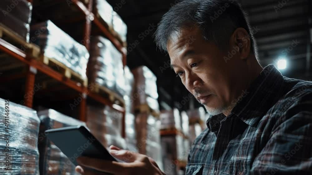 Poster Man using a tablet in a warehouse setting