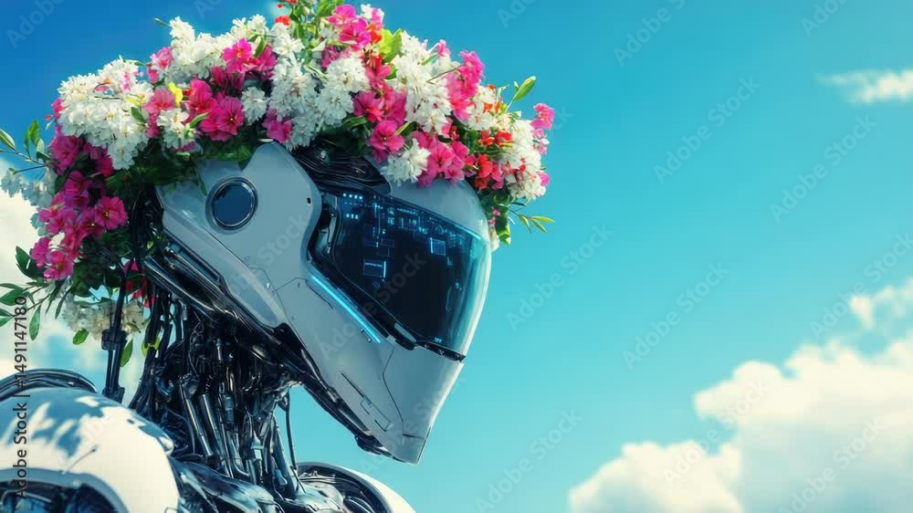 Poster a close-up shot of a robot with colorful flowers on its head, perfect for use in illustrations, desi