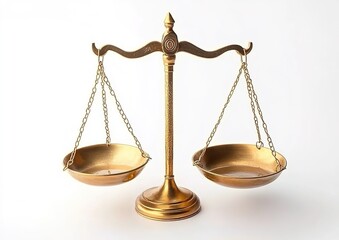 Golden balance scale with empty pans on chains against white background.