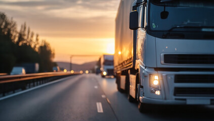 Semi-truck driving on highway at sunset, golden hour light reflecting on trailer, blurred background showing other vehicles and trees.