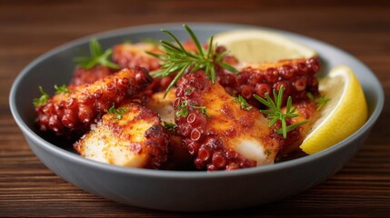 Fototapeta premium Plate of cooked octopus tentacles in a gray bowl. the tentacles are golden brown and appear to be seasoned with herbs and spices.