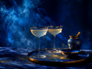 A luxurious atmosphere with Golden cocktails against a deep blue