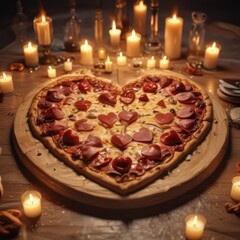 Heart-shaped pizza, romantic candlelight dinner, red, appetizing