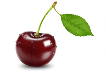Close up of a single red cherry with water drops and a green leaf isolated on a white background