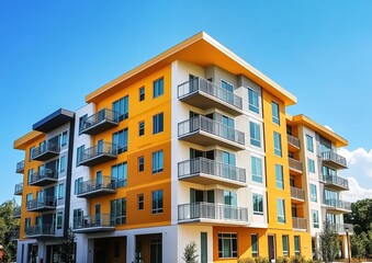Fototapeta premium Modern multi-story apartment building with white, yellow, gray walls, balconies, large windows, blue sky.