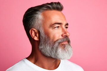 Obraz premium Elegant men's classic long sweep haircut - midlife white man with hair. A glowing and peaceful man expressing warmth. Pink solid background. Visual idea art of style for aging men.