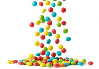 Obraz premium Colorful candies falling and piled on a white background