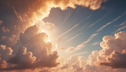 Aged paper overlay, stylized sky, soft clouds, radiant glow ,  airy,  fluffy