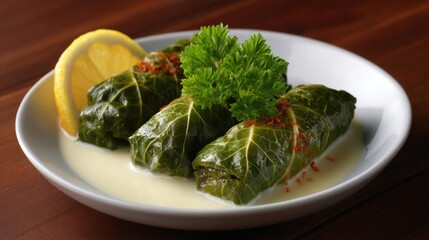 Plate of stuffed grape leaves with a creamy sauce. the grape leaves are arranged in a circular pattern on the plate, with a slice of lemon on the side.