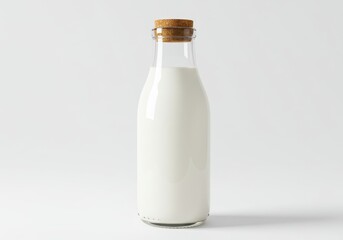 Glass bottle of fresh milk with cork stopper isolated on a white background