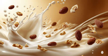 Milk splash with oat flakes and dried fruits in air on white background. 