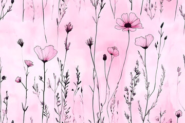 Delicate pink floral pattern with watercolor effect featuring cosmos and thin stemmed plants scattered around