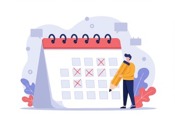 Man holding a large pencil marking dates on a calendar illustration