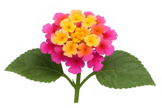 Lantana camara flower blooming with multicolored pink, orange, yellow petals against green foliage, detailed close-up on transparent backdrop