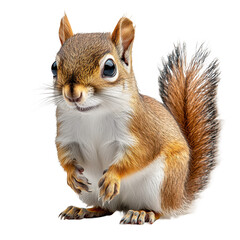 Portrait of a cute squirrel with fluffy tail isolated on black background on transparent background
