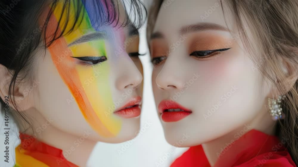 Poster two friends with colorful face paint applying designs to each other's faces