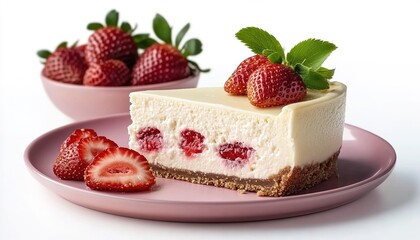 A slice of strawberry cheesecake on a pink plate with a bowl of strawberries.