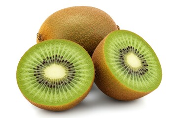 Fototapeta premium Close up of whole and halved kiwi fruit isolated on a white background
