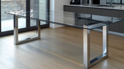 Modern glass dining table with chrome legs in a contemporary kitchen.