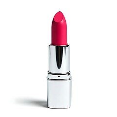  Hot pink lipstick in a chrome tube front-facing view on white background.