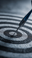 Close-up of dart in bullseye, textured surface, monochrome palette, symbolizing accuracy, precision, and success in business or marketing