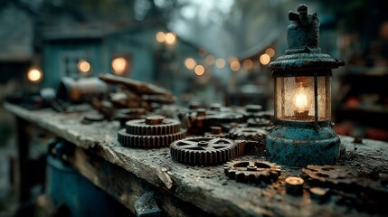 Vintage Lantern Illuminating Rustic Gears on Weathered Table Evoking Steampunk and Industrial