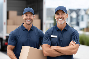 Two smiling delivery men in uniform holding a cardboard box, standing in front of a delivery truck.